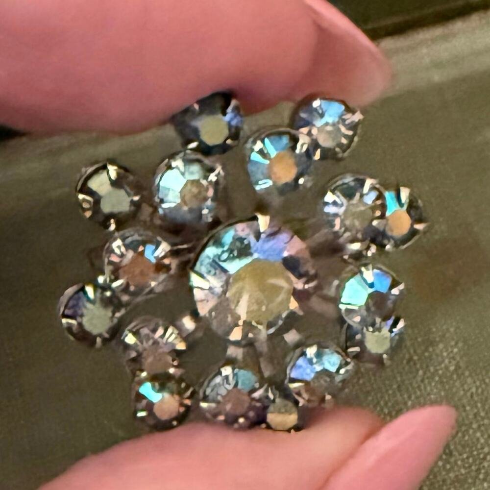 Vintage AB Rhinestone Brooch – Round Floral Cluster – 1” - Picture 5 of 8